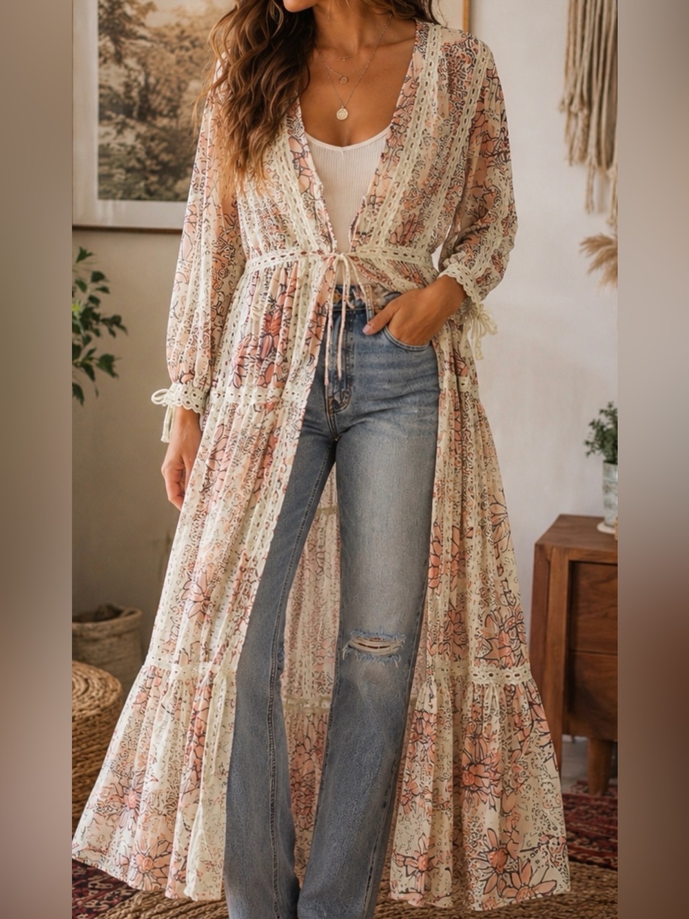 Free People NWT Grasslands Duster Kimono Floral Lace Tie XS/S Fits L Boho DU